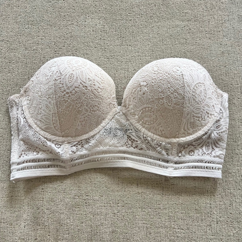 Victorias Secret Ivory Lace Longline Strapless Bra 36D Multi-Way Underwire